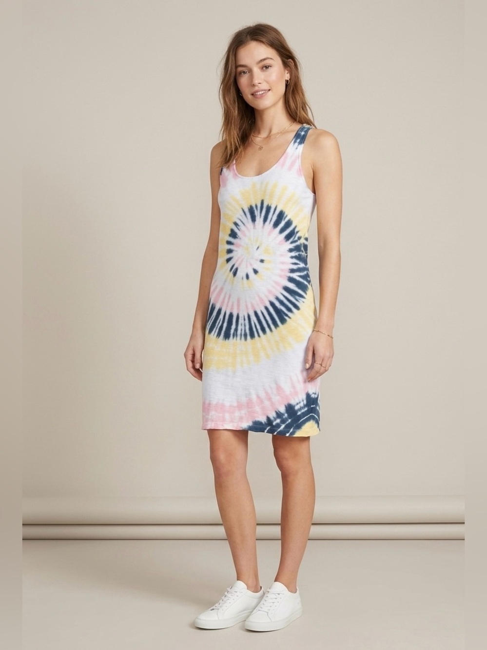 Nation LTD Pima Cotton Tie Dye Tank Dress XS Navy Blue Pink Yellow Boho Surf